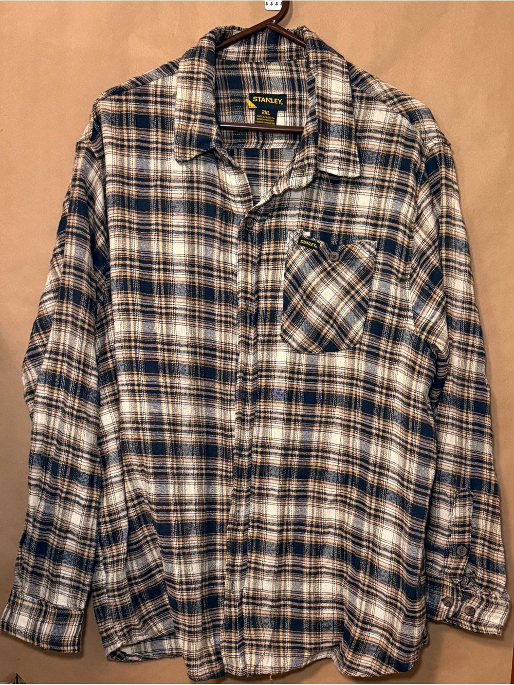 Stanley Workwear Men's Long Sleeve Plaid Flannel Shirt Navy Brown White